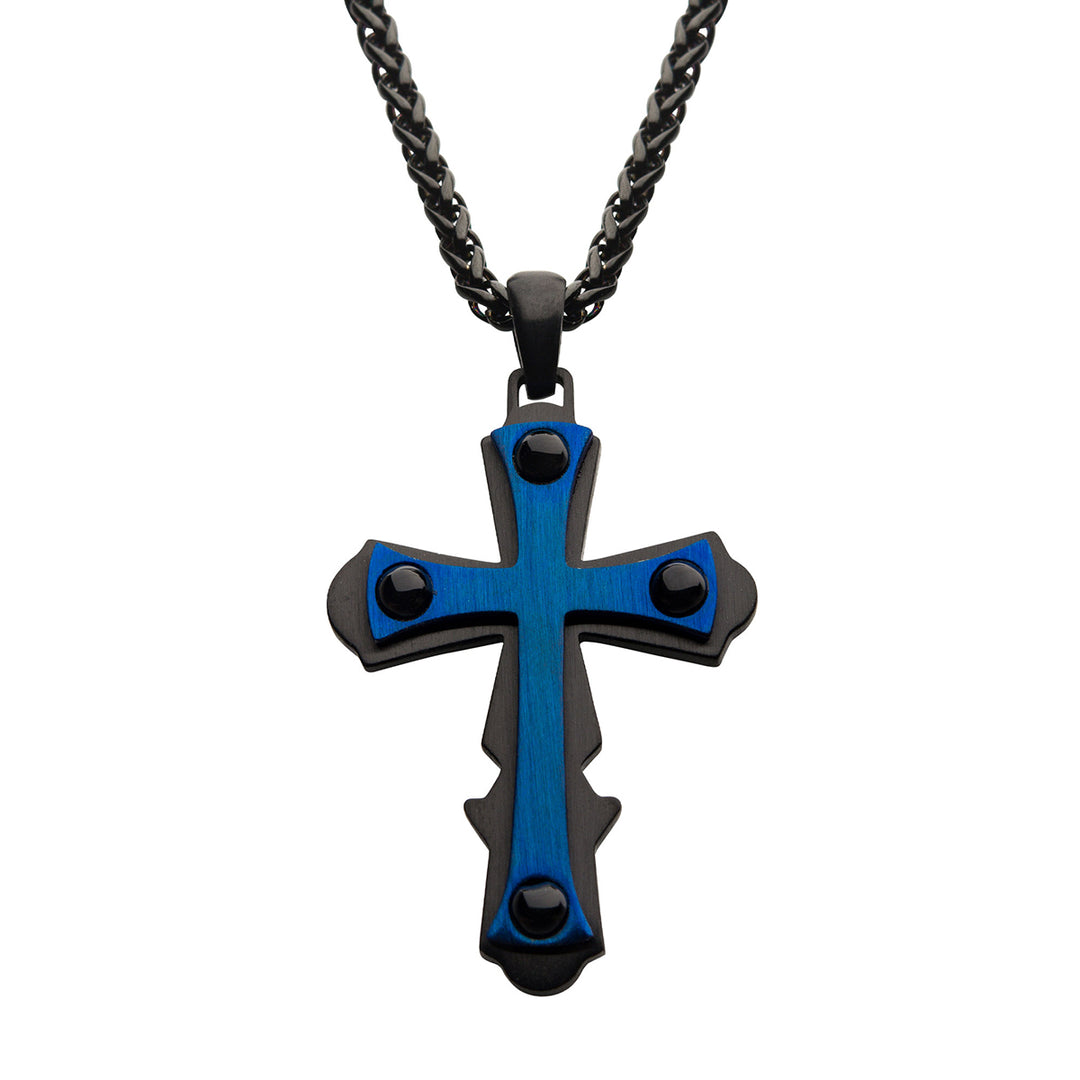 Blue IP with Black Cross Pendant, with Black IP Wheat Chain