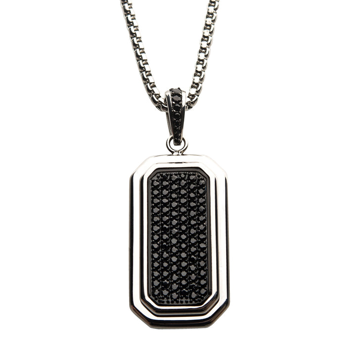 Stainless Steel Dog Tag Pendant with Black CZ Inlay, with Steel Box Chain