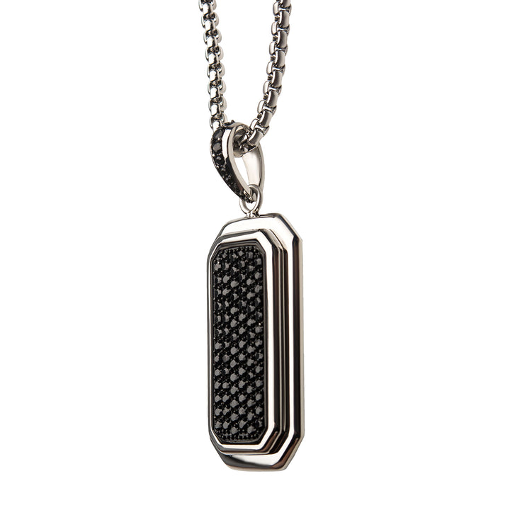 Stainless Steel Dog Tag Pendant with Black CZ Inlay, with Steel Box Chain