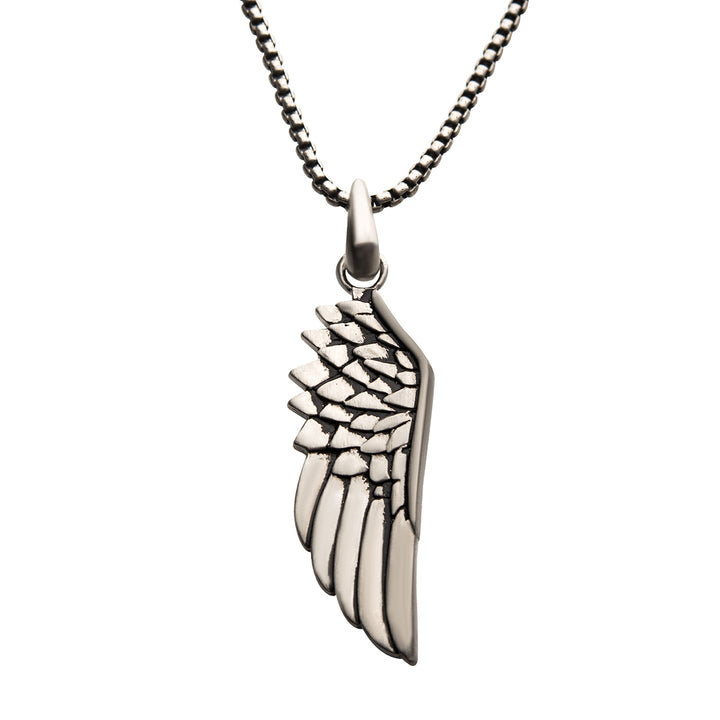 Steel Wing Pendant with Black Oxidized Steel Box Chain