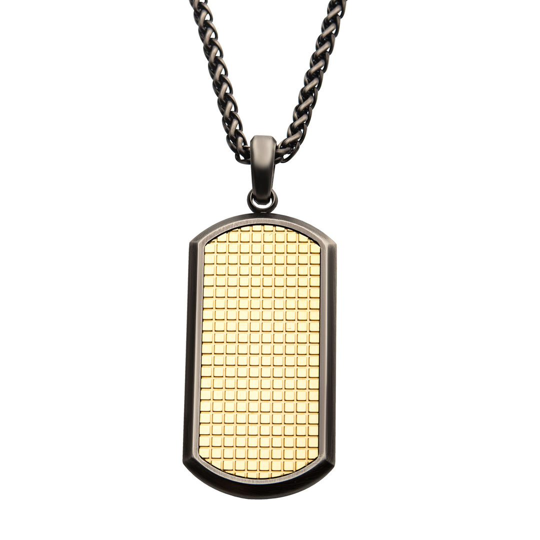 Gun Metal IP with 18Kt Gold IP Grid Inlay Dog Tag Pendant, with Black IP Wheat Chain