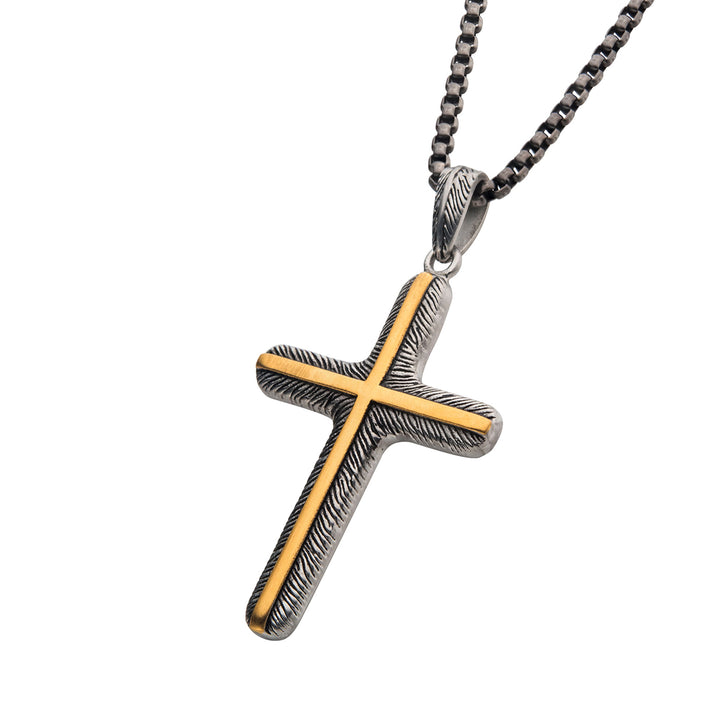 18Kt Gold IP Inlay & Gun Metal IP Cross Pendant with Round Box Chain