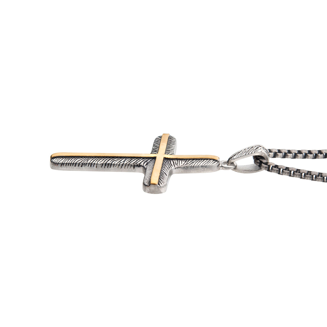 18Kt Gold IP Inlay & Gun Metal IP Cross Pendant with Round Box Chain