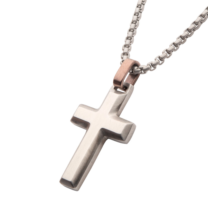 Matte Finish Steel Beveled Cross Pendant with Brown Bail