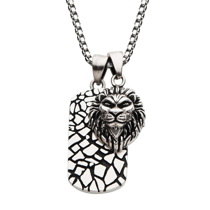 Stainless Steel with 3D Lion Head Dog Tag Pendant, with Antique Silver IP Chain