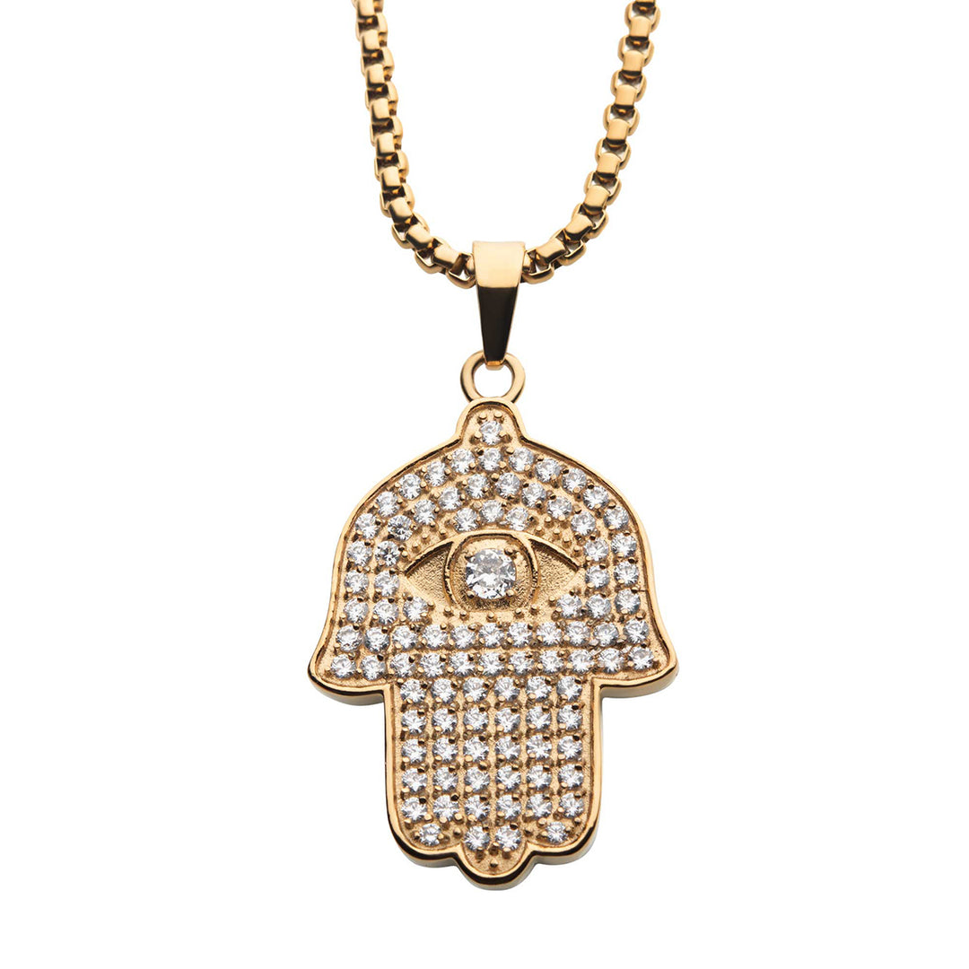 18Kt Gold IP with 94pcs CNC Prong Set Clear AAA CZ Hamsa Pendant