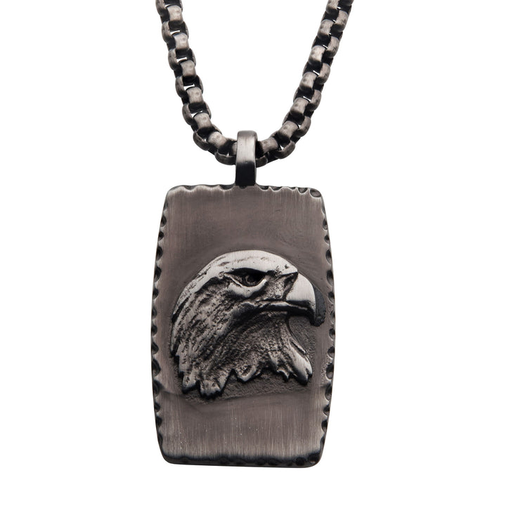 Gun Metal IP Eagle Inlay Dog Tag Pendant with Round Box Chain