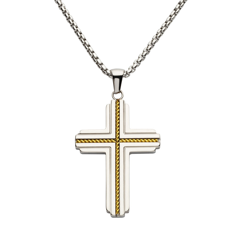 18Kt Gold IP Stainless Steel Rope Inlay Two-tone Cross Pendant with Chain