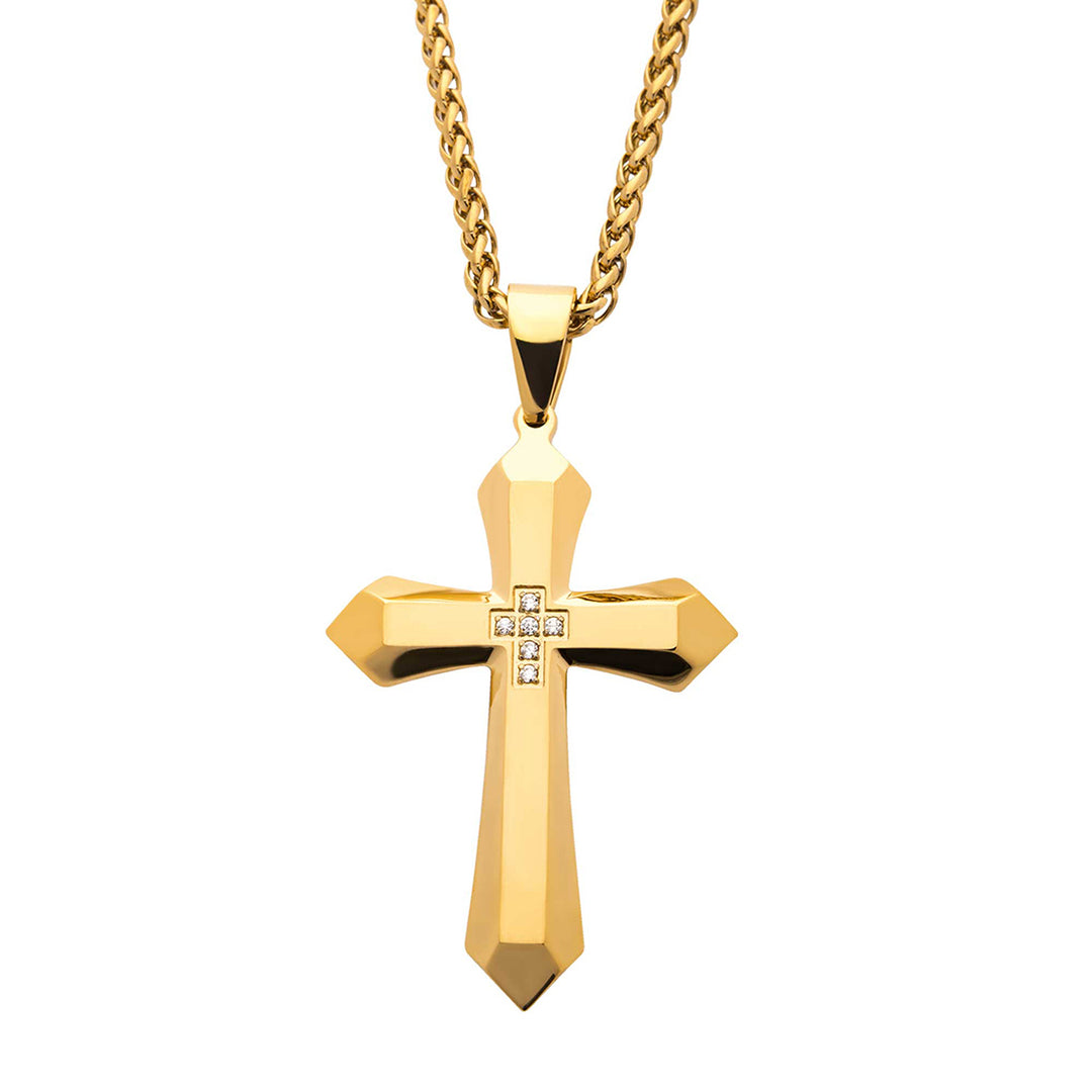 Gold IP Cross with 6pcs CNC Prong Set Clear AAA CZ Pendant, with Gold IP Wheat Chain