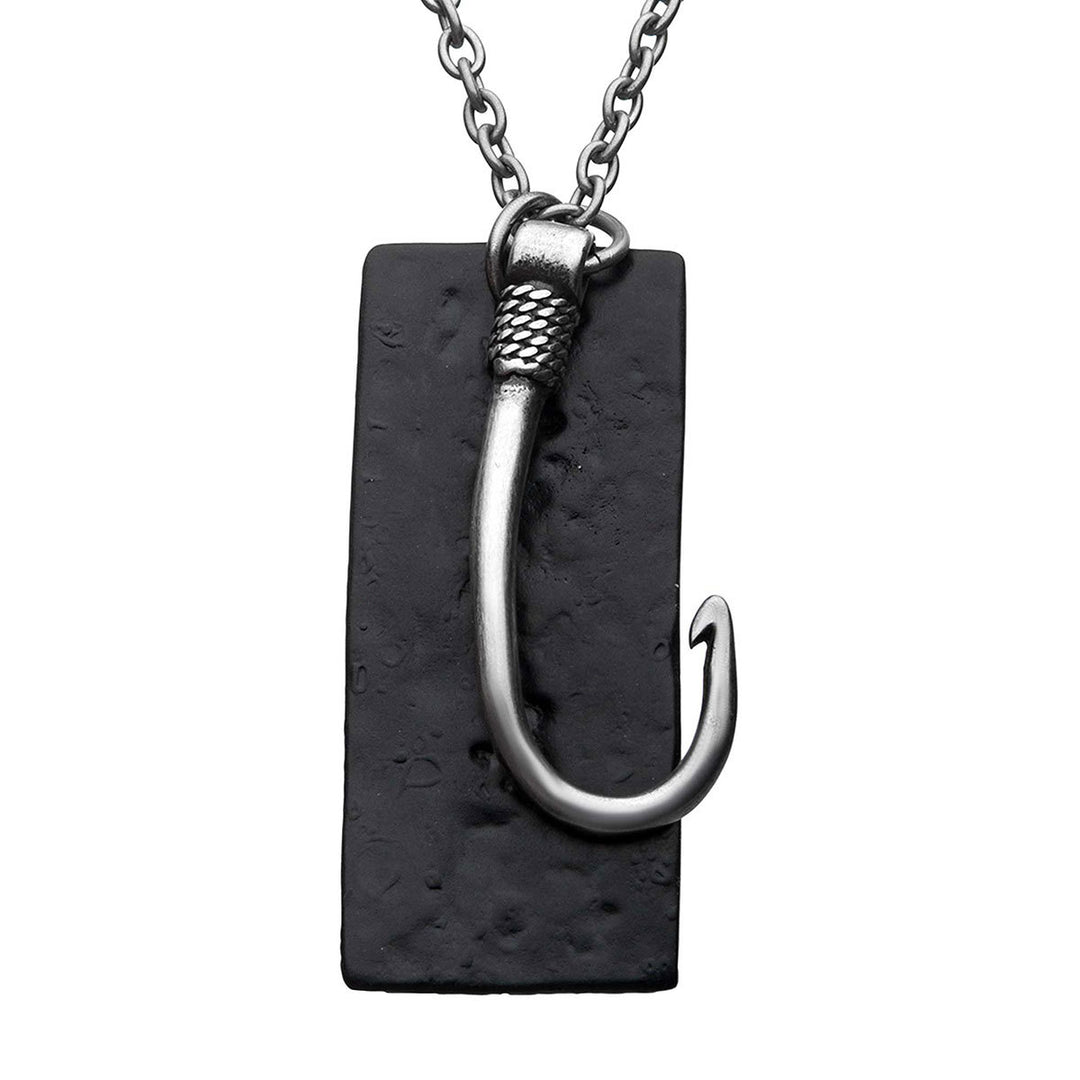 Stainless Steel Antiqued Finish Fish Hook & Black IP Tag Pendant with chain