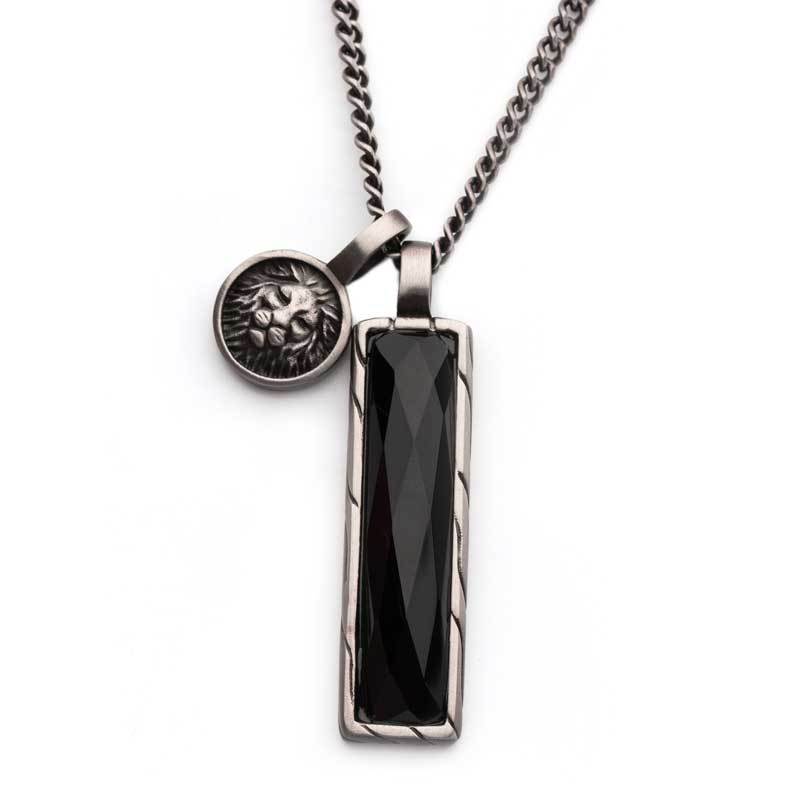 Matte Finish Gun Metal IP with African Lion Sigil & Faceted Black Agate Stone Double Pendants with Curb Chain