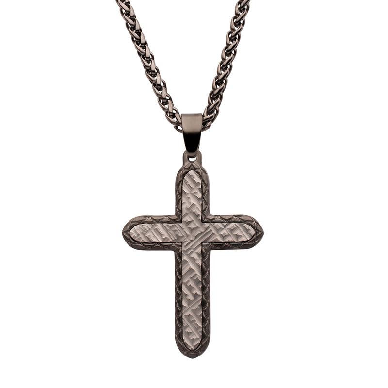 Gun Metal IP Stainless Steel Chiseled Bold Cross Firenze Pendant with Wheat Chain