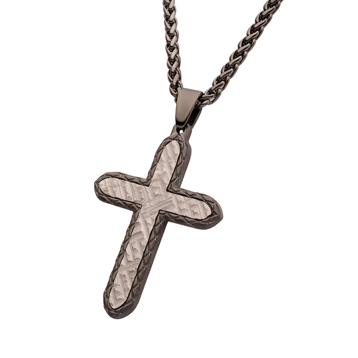 Gun Metal IP Stainless Steel Chiseled Bold Cross Firenze Pendant with Wheat Chain