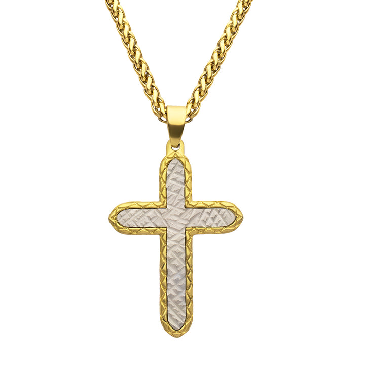 18Kt Gold IP Stainless Steel Chiseled Bold Cross Firenze Pendant with Wheat Chain