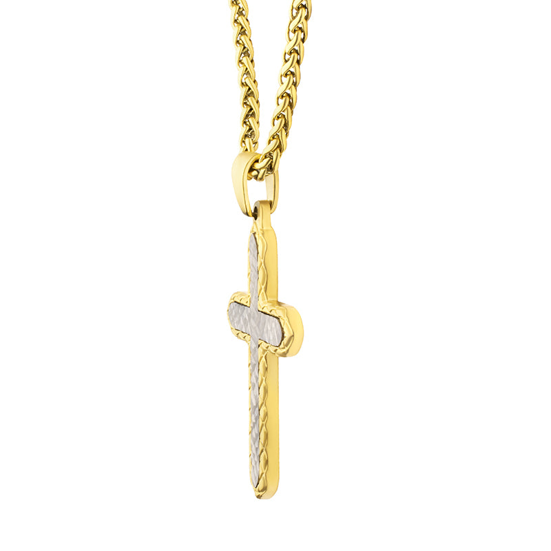 18Kt Gold IP Stainless Steel Chiseled Bold Cross Firenze Pendant with Wheat Chain