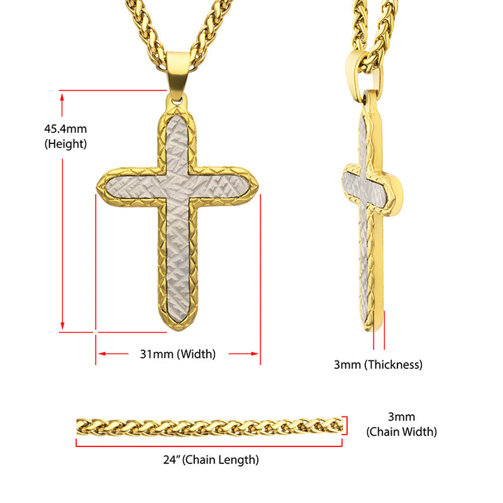 18Kt Gold IP Stainless Steel Chiseled Bold Cross Firenze Pendant with Wheat Chain