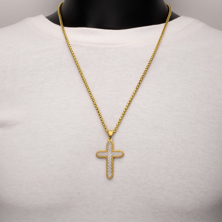 18Kt Gold IP Stainless Steel Chiseled Bold Cross Firenze Pendant with Wheat Chain