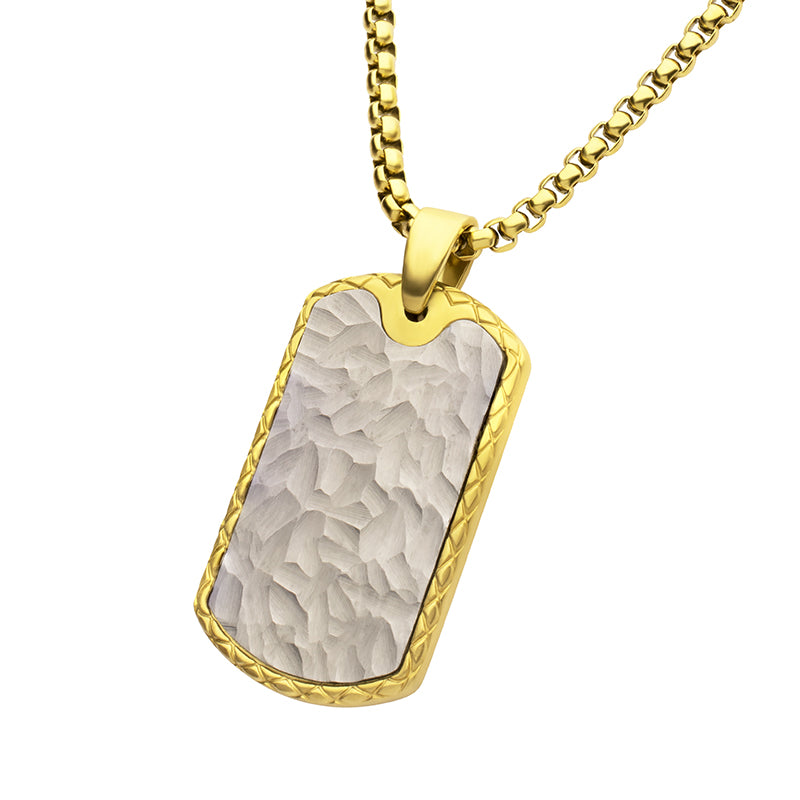 18Kt Gold IP Stainless Steel Chiseled Bold Tag Firenze Pendant with Box Chain