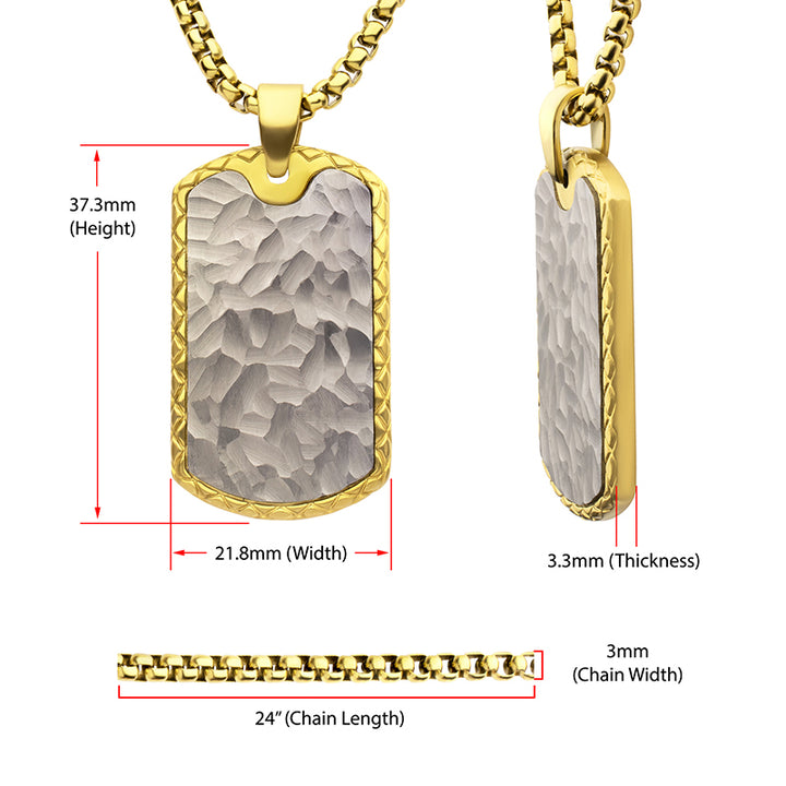 18Kt Gold IP Stainless Steel Chiseled Bold Tag Firenze Pendant with Box Chain