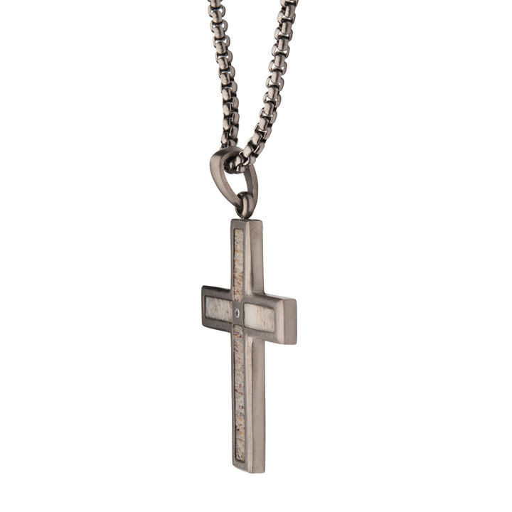 Gun Metal IP Steel Matte Finish Deer Antler Inlay with CZ Cross Pendant