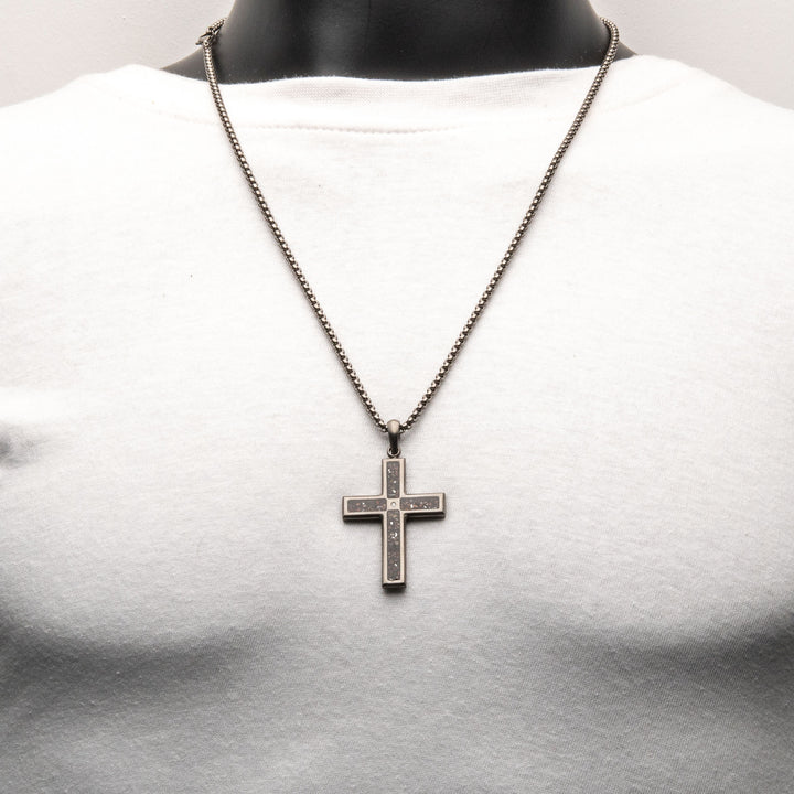 Gun Metal IP Steel Matte Finish Black Dinosaur Bone Inlay with CZ Cross Pendant