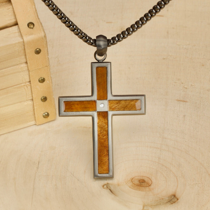 Gun Metal IP Steel Matte Finish Whiskey Barrel Wood Inlay with CZ Cross Pendant