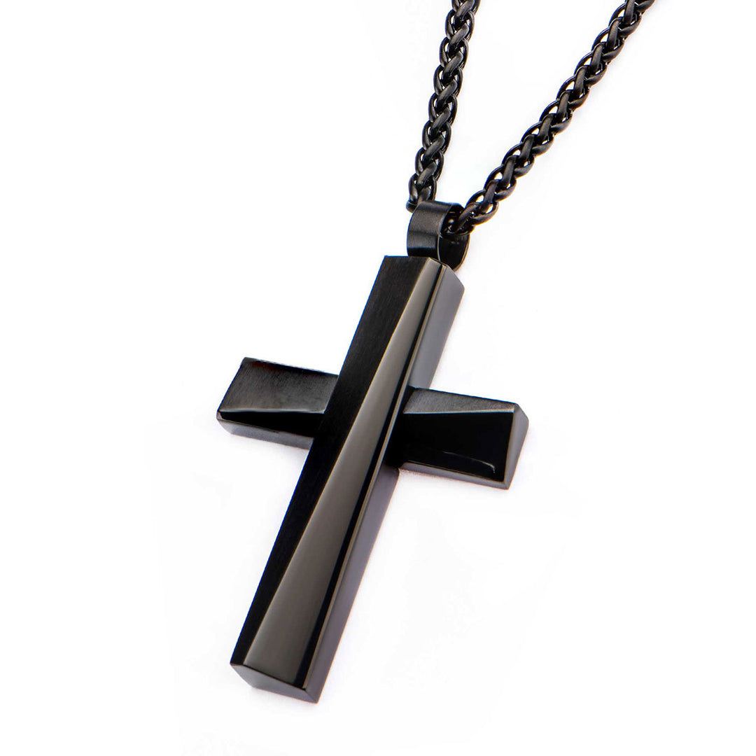 Black IP Cross Pendant with Matte Black Round Wheat Chain