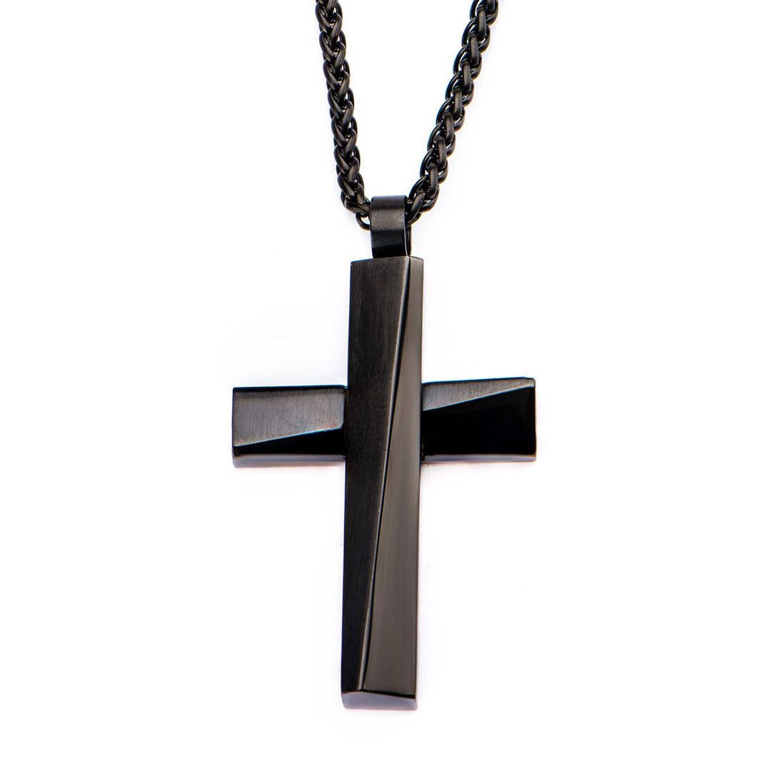 Black IP Cross Pendant with Matte Black Round Wheat Chain