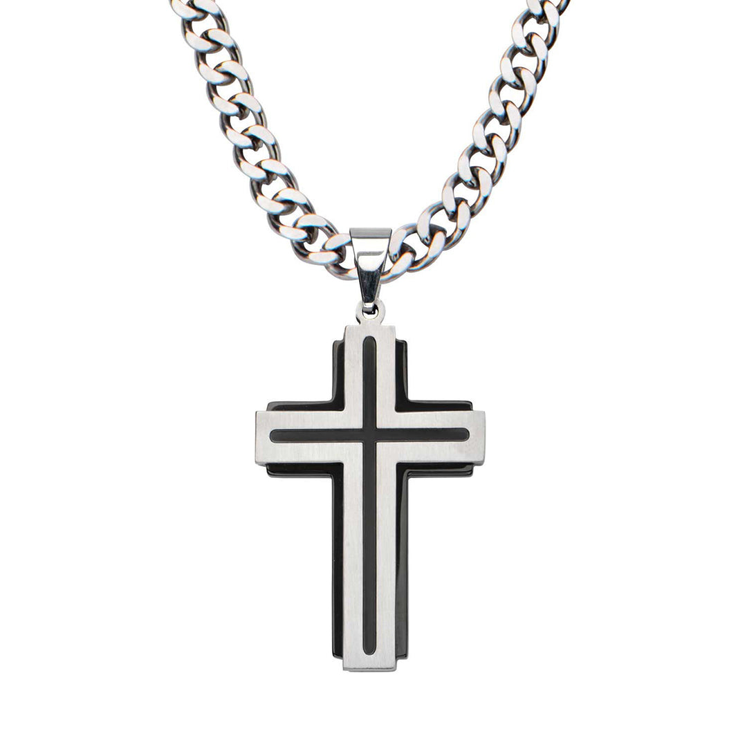 Black IP & Steel Cross Pendant