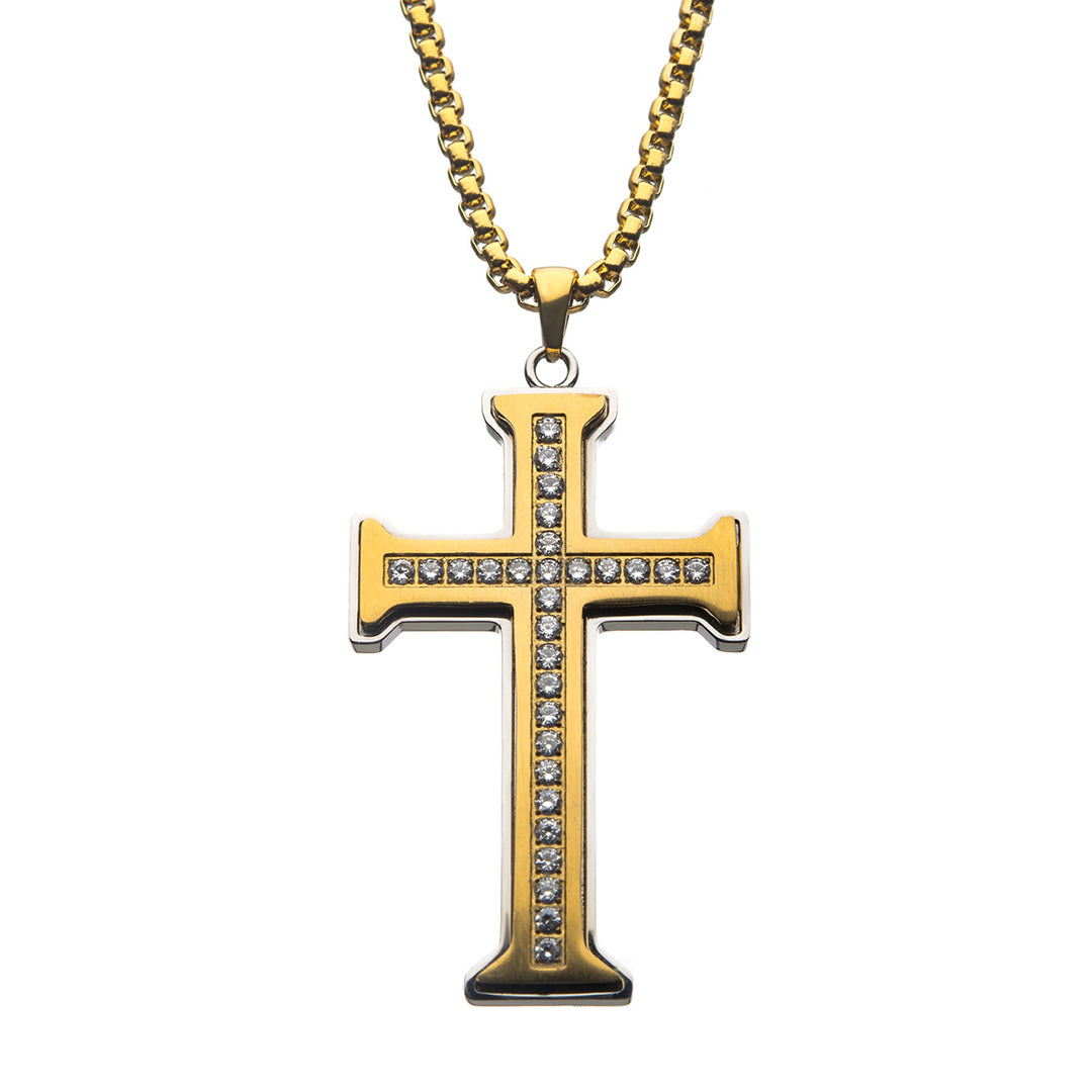 Clear CZ Gold IP Cross Pendant in a Steel Frame with Chain