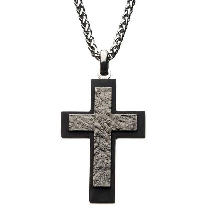 Steel Carbon Fiber Cross Pendant with Steel Wheat Chain