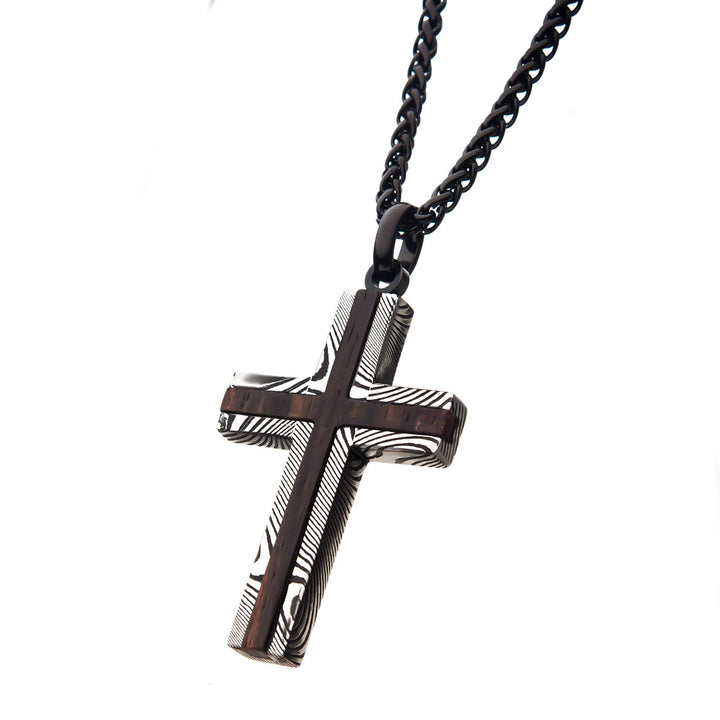 Black IP Stainless Steel Damascus cross with Ebony Wood Inlay