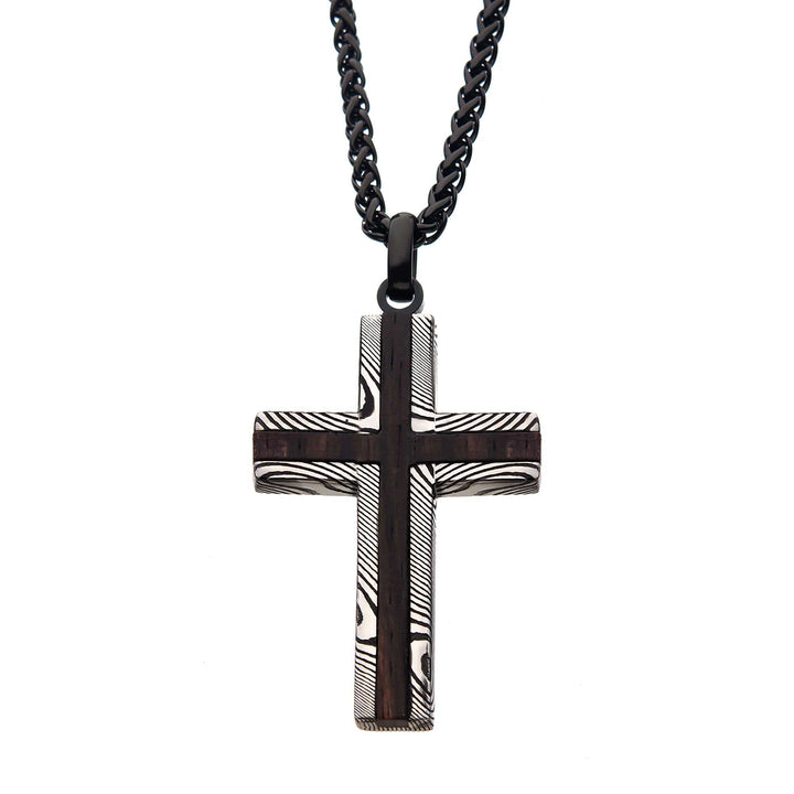 Black IP Stainless Steel Damascus cross with Ebony Wood Inlay