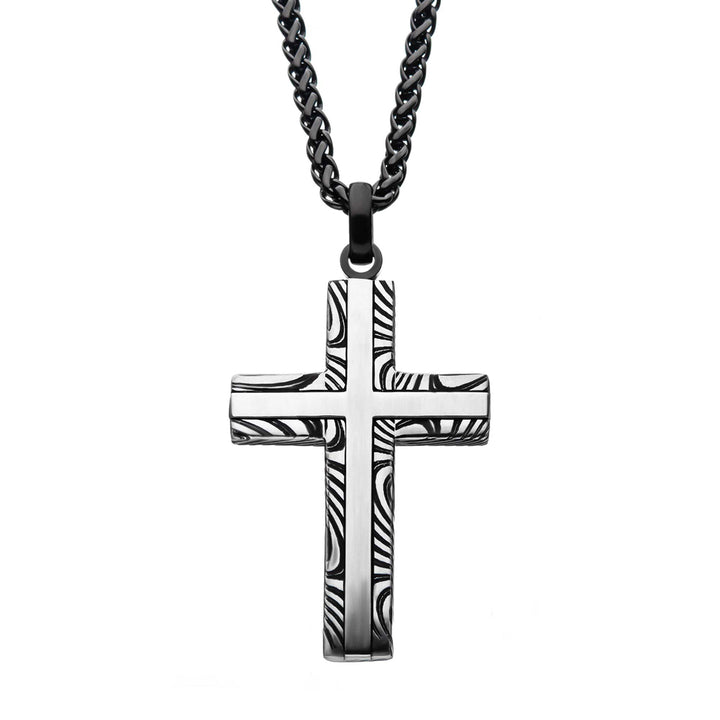 Damascus Steel Cross Pendant with Black Round Wheat Chain