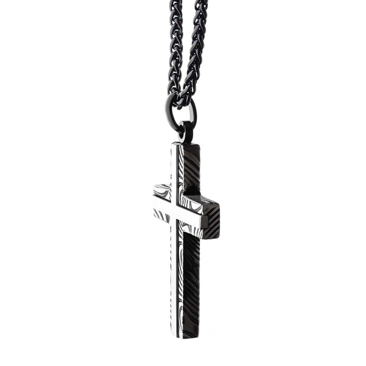 Damascus Steel Cross Pendant with Black Round Wheat Chain