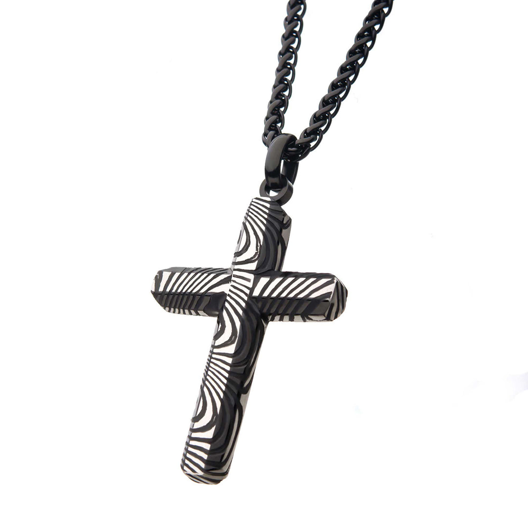 Stainless Steel & Black IP Damascus Cross Pendant with Black Round Wheat Chain