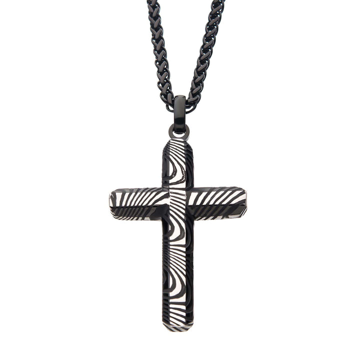 Stainless Steel & Black IP Damascus Cross Pendant with Black Round Wheat Chain