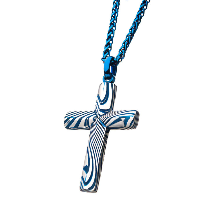 Blue IP Damascus Cross Pendant with Blue Round Wheat Chain