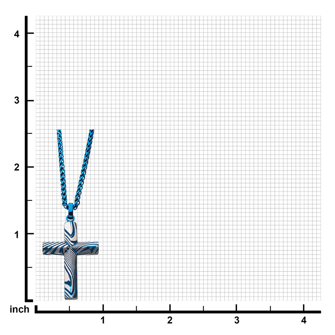 Blue IP Damascus Cross Pendant with Blue Round Wheat Chain