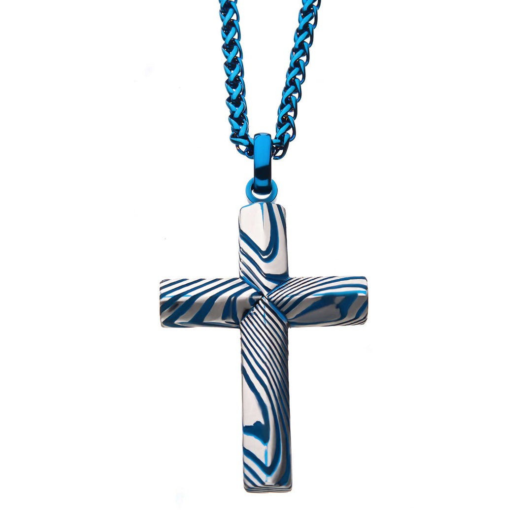 Blue IP Damascus Cross Pendant with Blue Round Wheat Chain