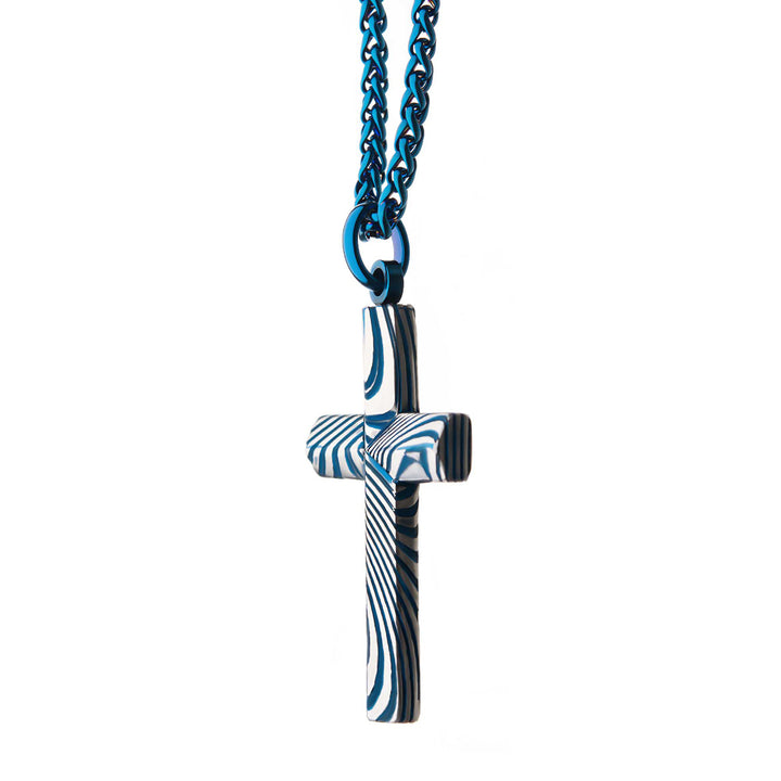 Blue IP Damascus Cross Pendant with Blue Round Wheat Chain