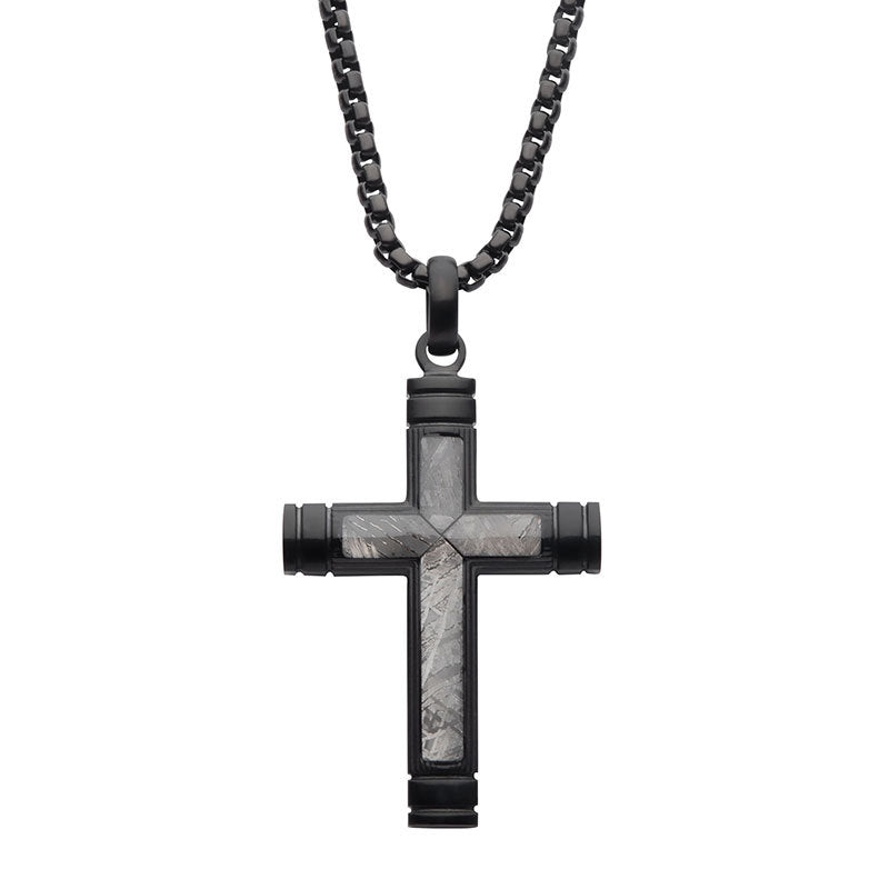 Meteorite Inlay Cross Pendant with Black IP Box Chain