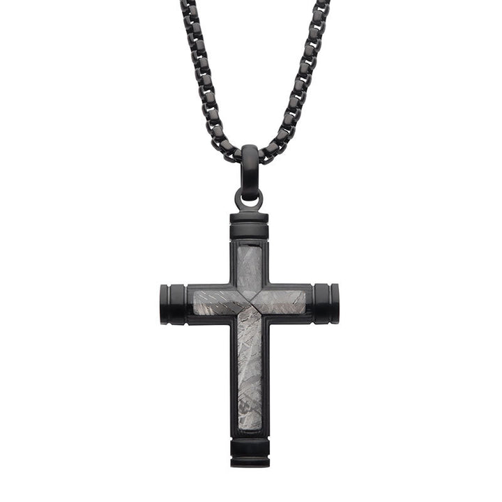 Meteorite Inlay Cross Pendant with Black IP Box Chain