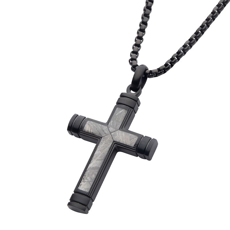 Meteorite Inlay Cross Pendant with Black IP Box Chain