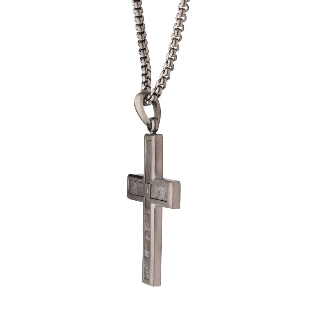 Gun Metal IP Steel Matte Finish Meteorite Inlay with CZ Cross Pendant