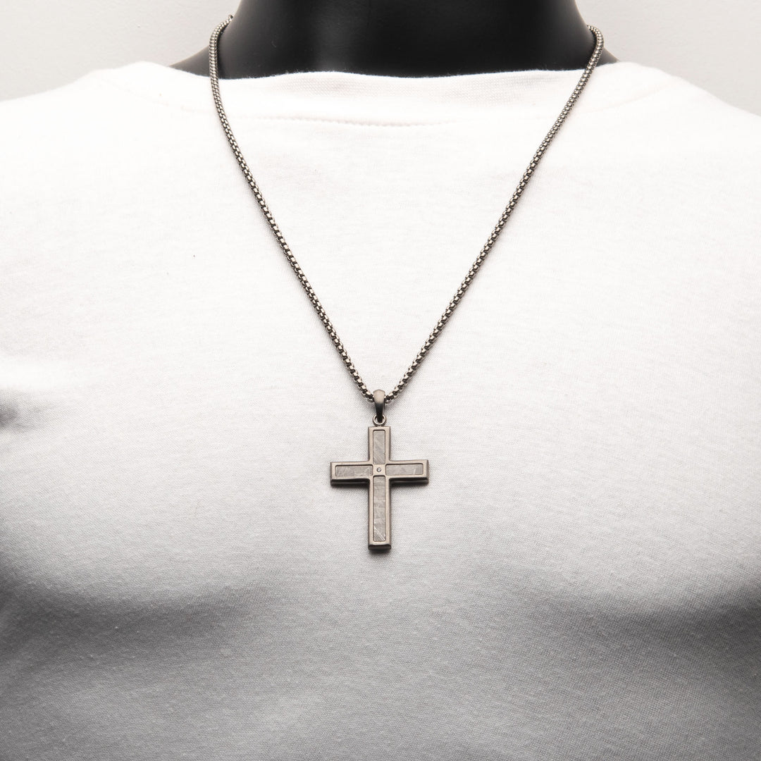 Gun Metal IP Steel Matte Finish Meteorite Inlay with CZ Cross Pendant