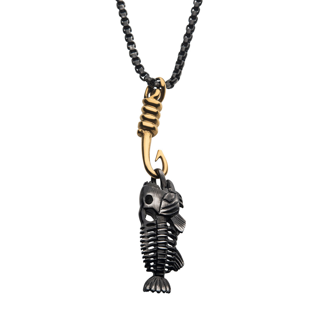 Black IP Fishbone Pendant on a Polished Gold IP Hook with Black IP Box Chain