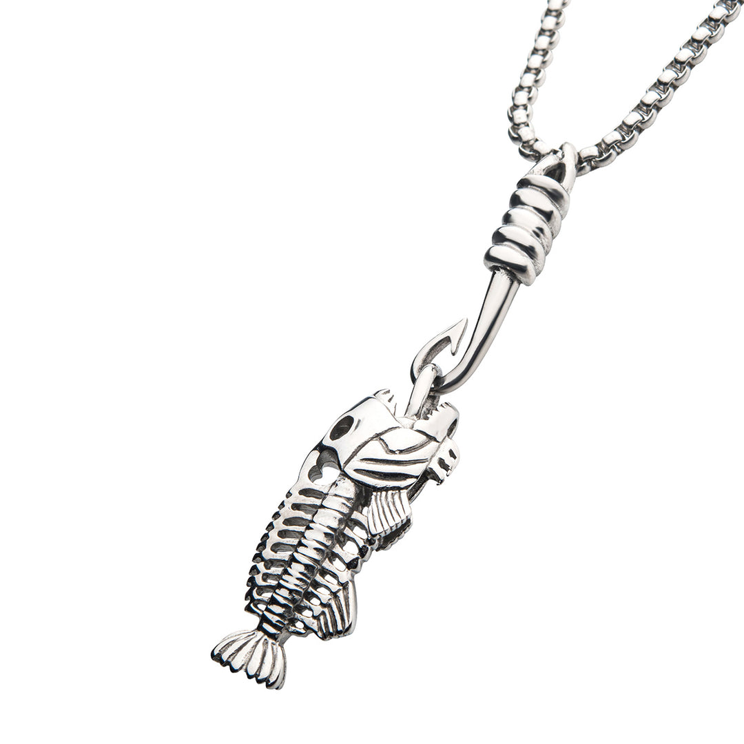 Polished Steel Fishbone Pendant with Hook & Box Chain