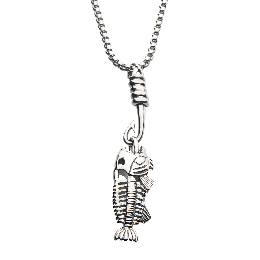 Polished Steel Fishbone Pendant with Hook & Box Chain