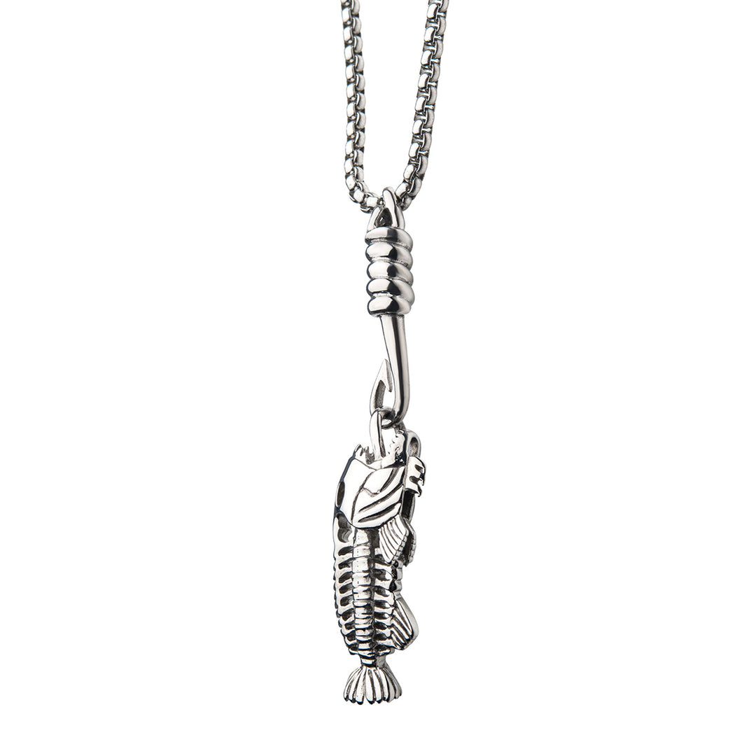 Polished Steel Fishbone Pendant with Hook & Box Chain